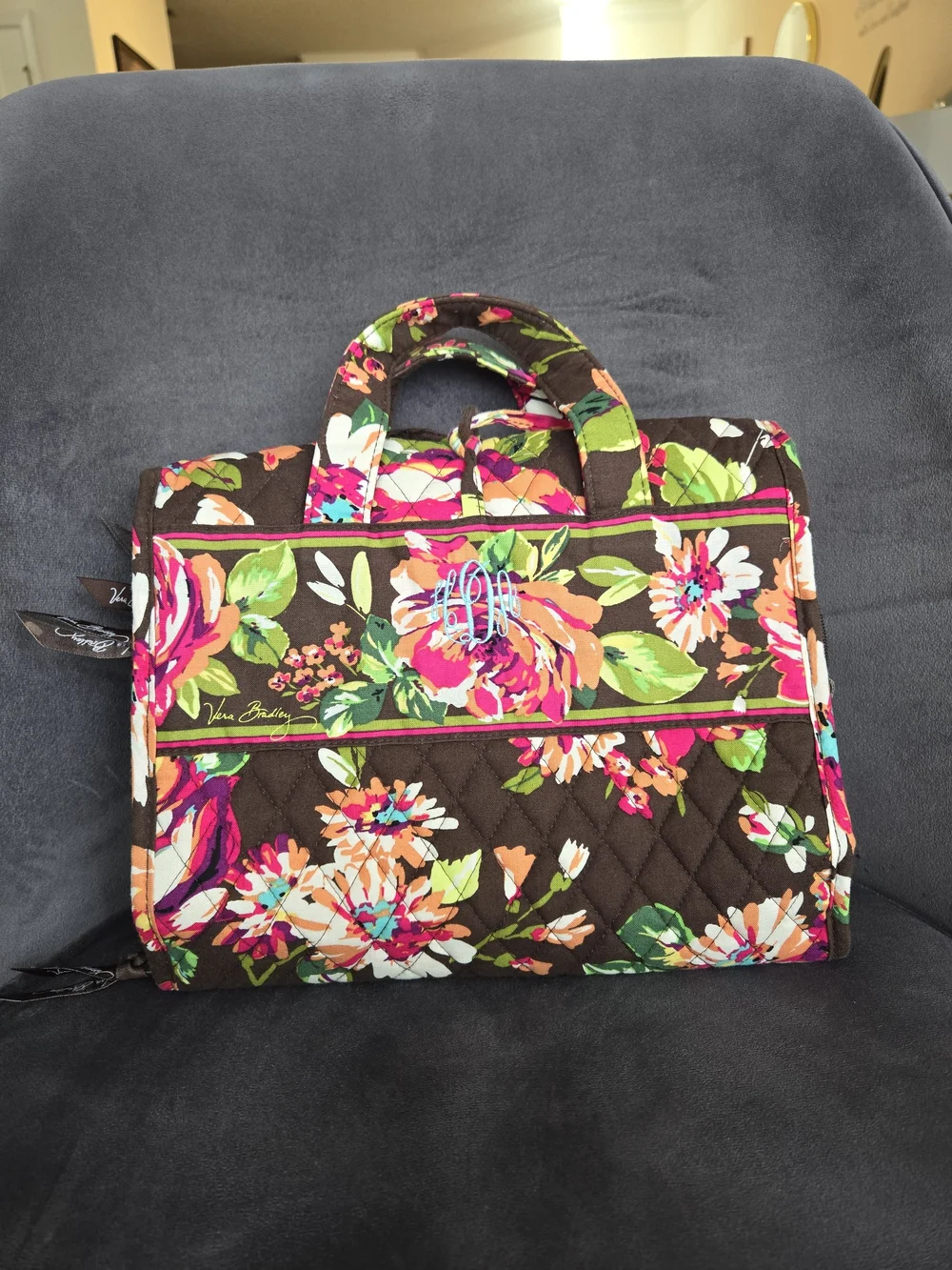Vera Bradley Brown Quilted Floral Laptop Bag with Pink & Green Accents